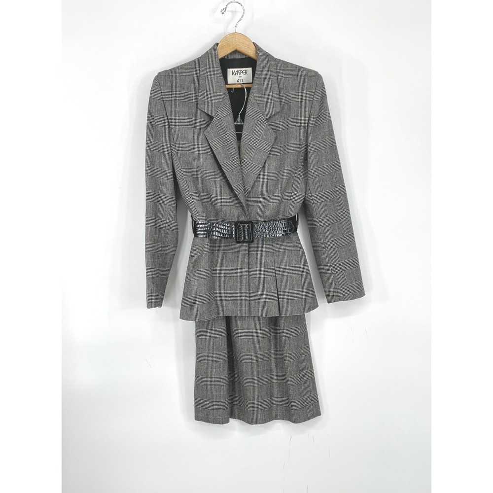 Vintage Kasper for ASL Women Skirt Suit 4 Grey Glen Plaid Belted 2pc Set